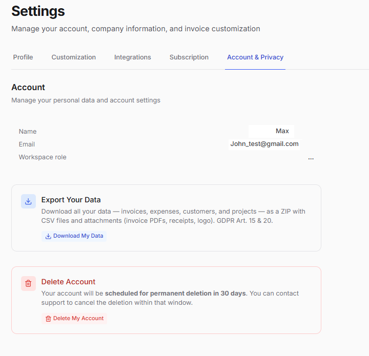 Account and privacy