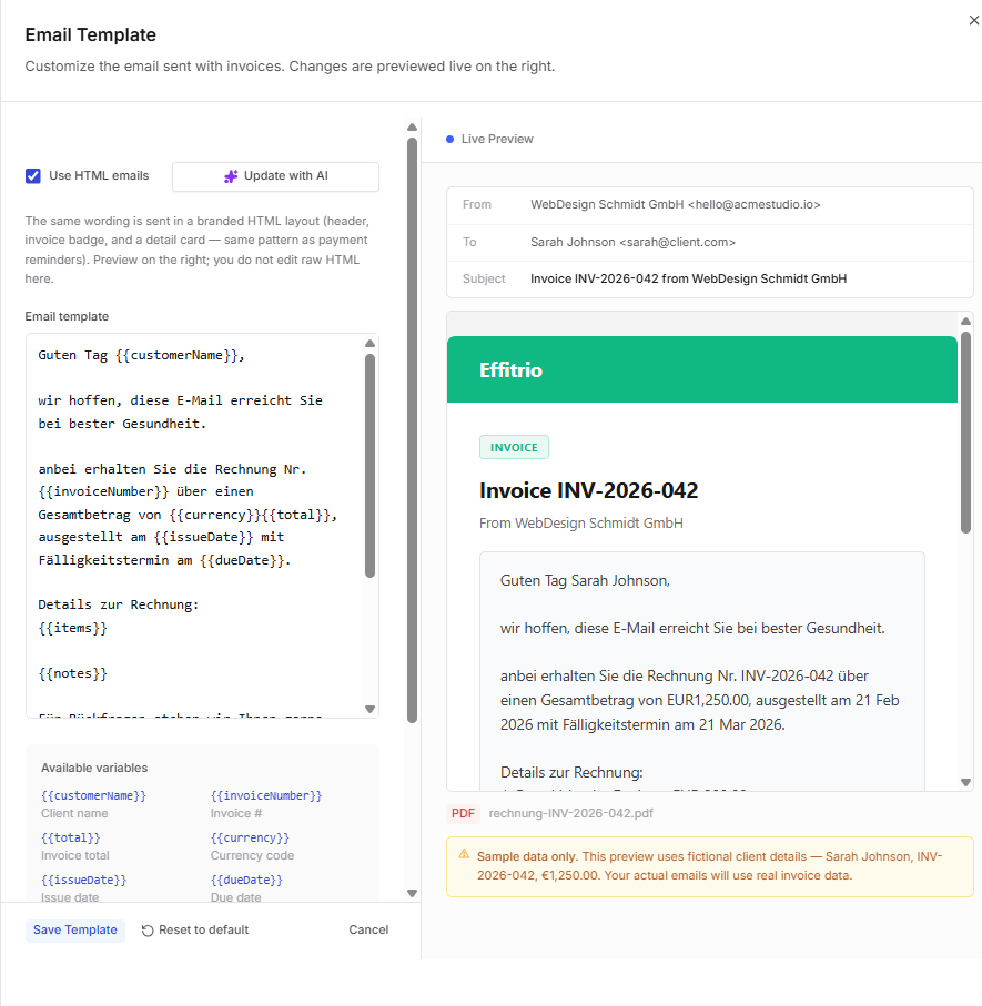 Email templates — edit HTML