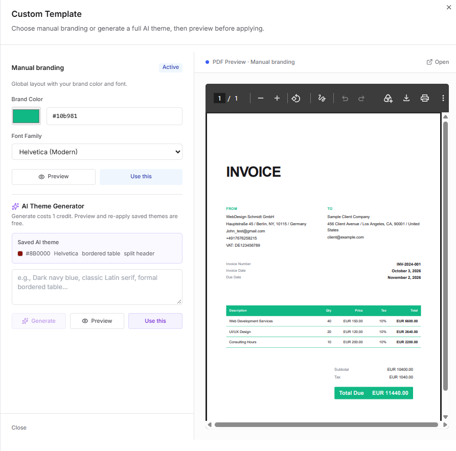Custom invoice template (Pro)