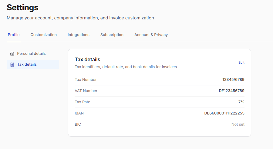 Profile — tax and bank details